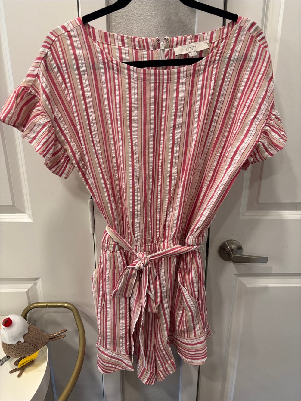 EUC LOFT Pink & White Striped Short Sleeve Tie-Waist Romper